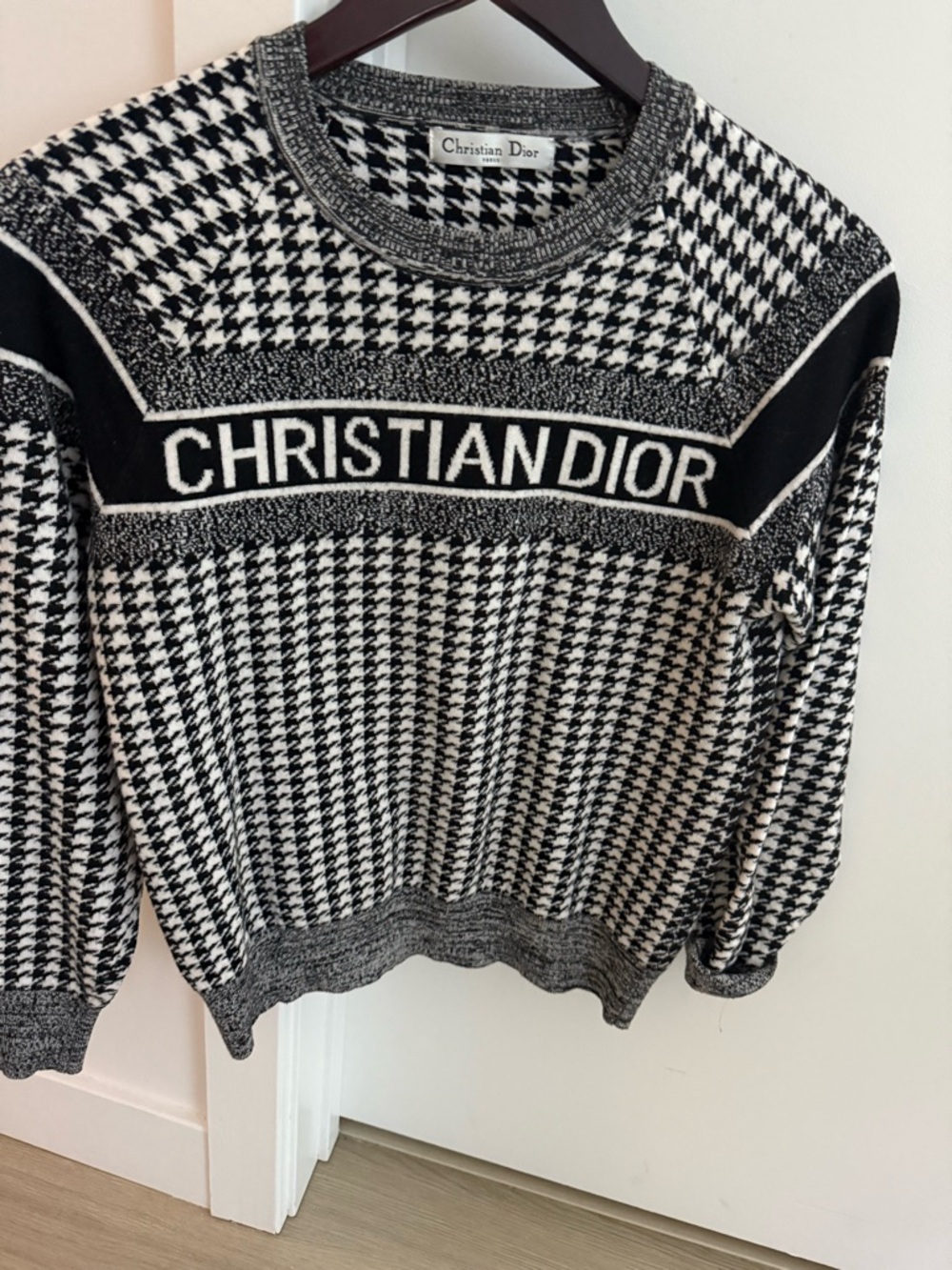 Dior Black and White Houndstooth Logo Crewneck Sweater